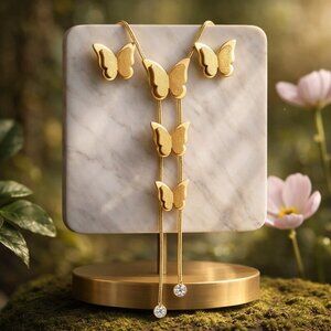 18k Gold Plated Lariat Necklace Earrings Set Stainless Steel Butterfly Y-Drop